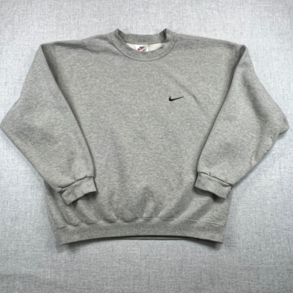 Vintage 90s Nike Swoosh Sweatshirt Mens L Gray Embroidered Logo Crew White Label